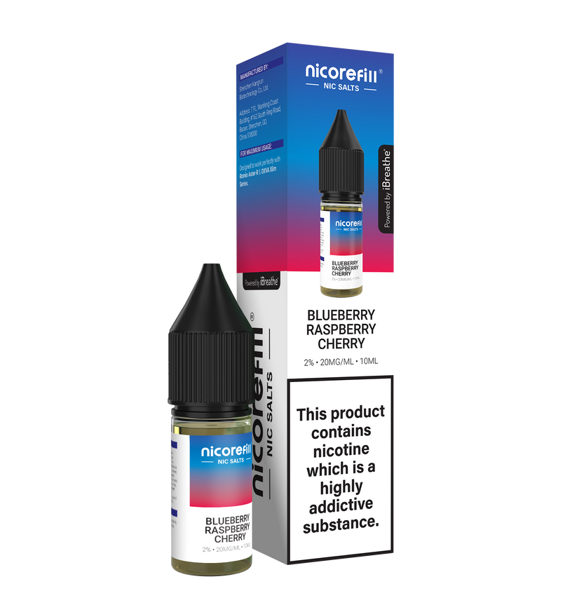 Buy Nicorefill Nic Salt 10ml E-Liquid Box of 10 Blueberry Raspberry Cherry 10mg