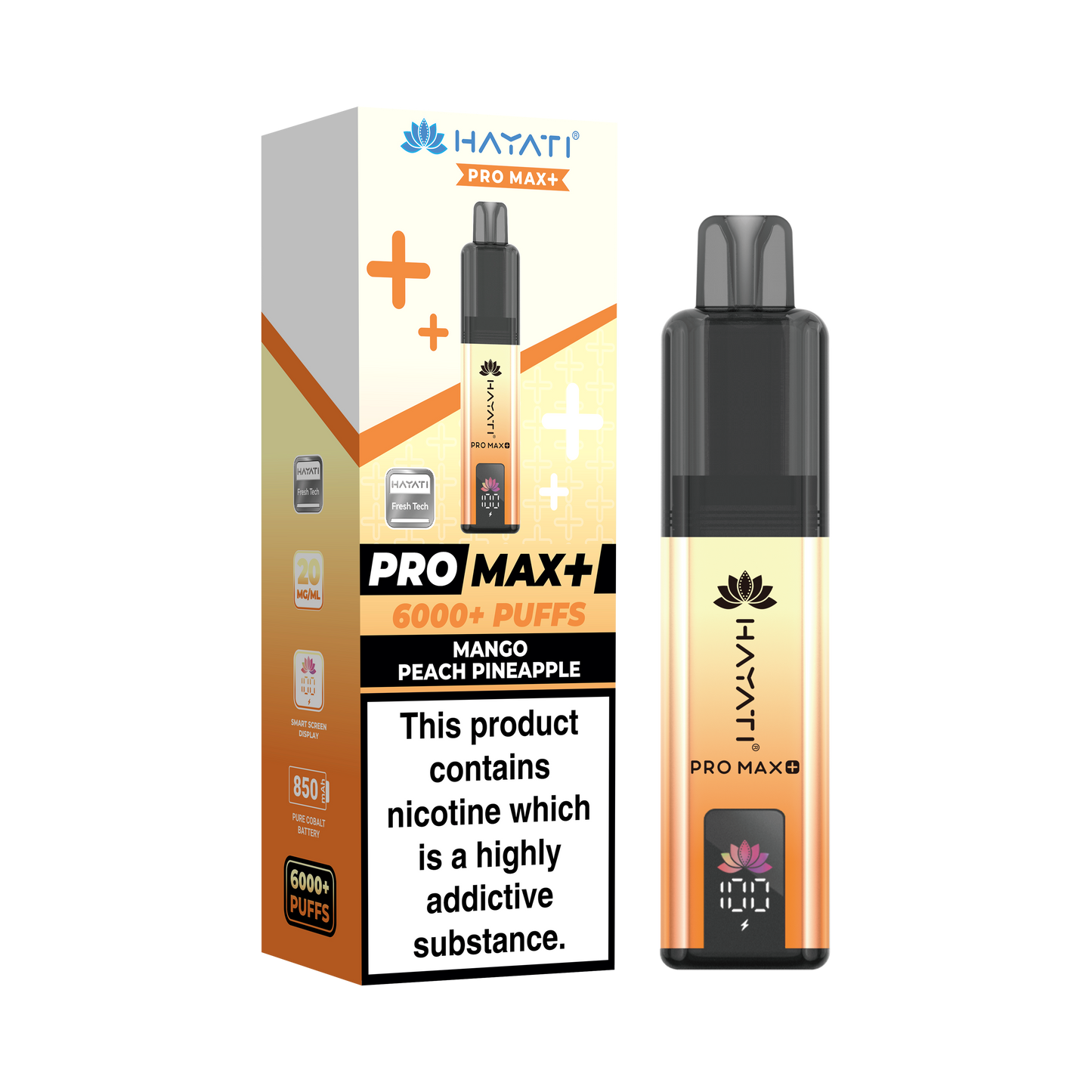 Buy Hayati Pro Max Plus 6000 Prefilled Vape Box of 5 Mango Peach Pineapple