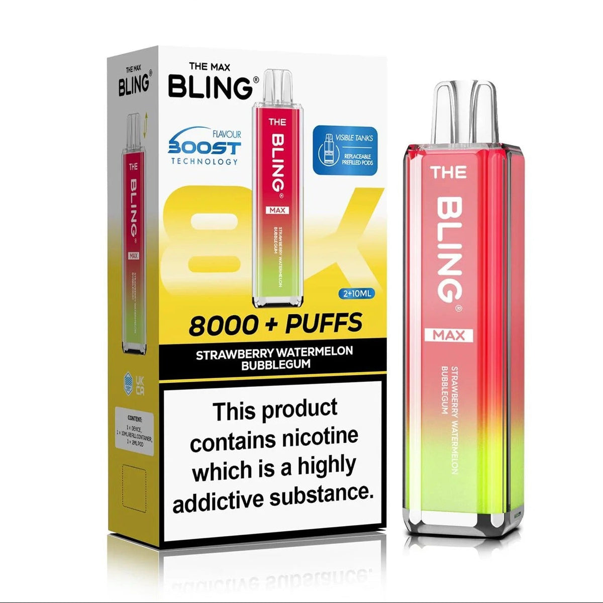 Buy Crystal Bling Max 8000 Prefilled Pod Kit Box of 5 Strawberry Watermelon Bubble Gum