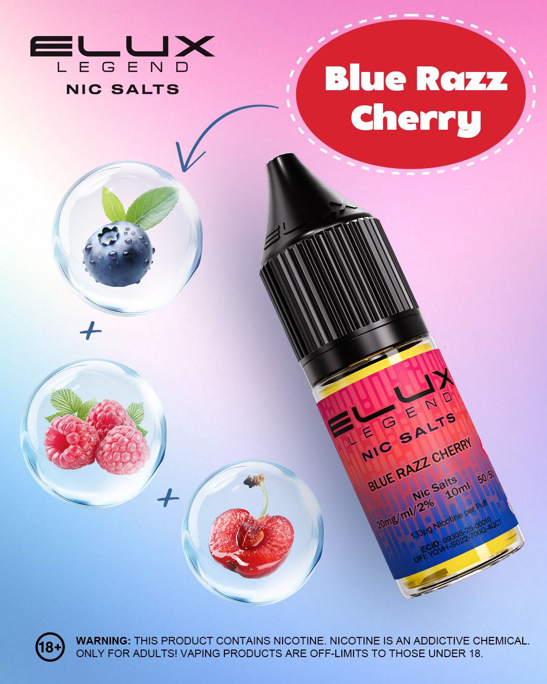 Buy Elux Legend 10ml Nic Salt - Pack of 10 Blue Razz Cherry *New*