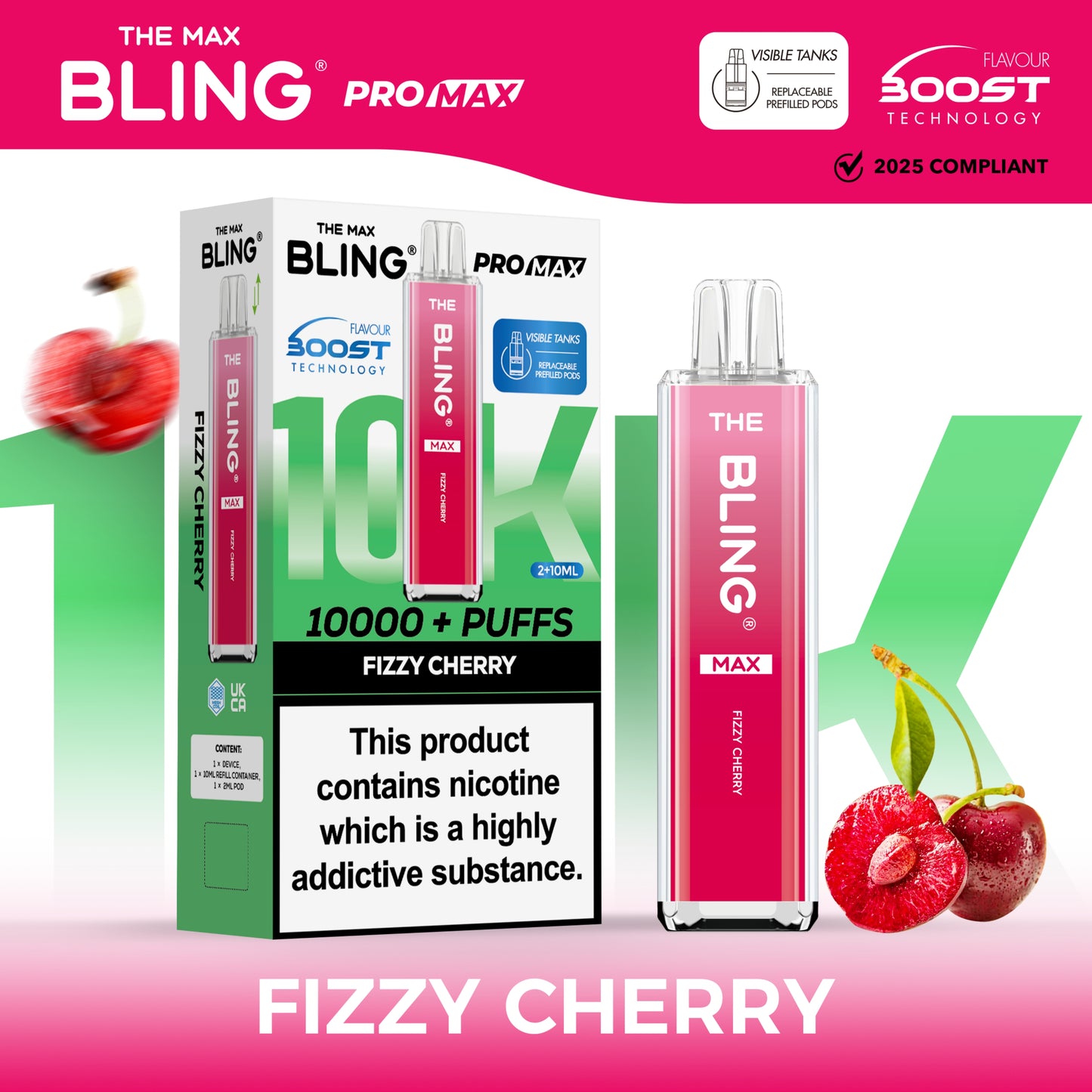Buy The Crystal Bling Max 10000 Prefilled Vape Pod Kit Box of 5 Fizzy Cherry