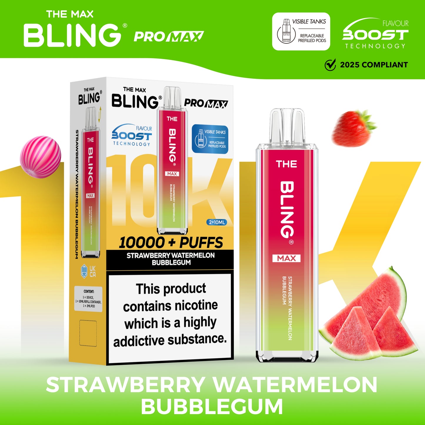 Buy The Crystal Bling Max 10000 Prefilled Vape Pod Kit Box of 5 Strawberry Watermelon Bubble Gum
