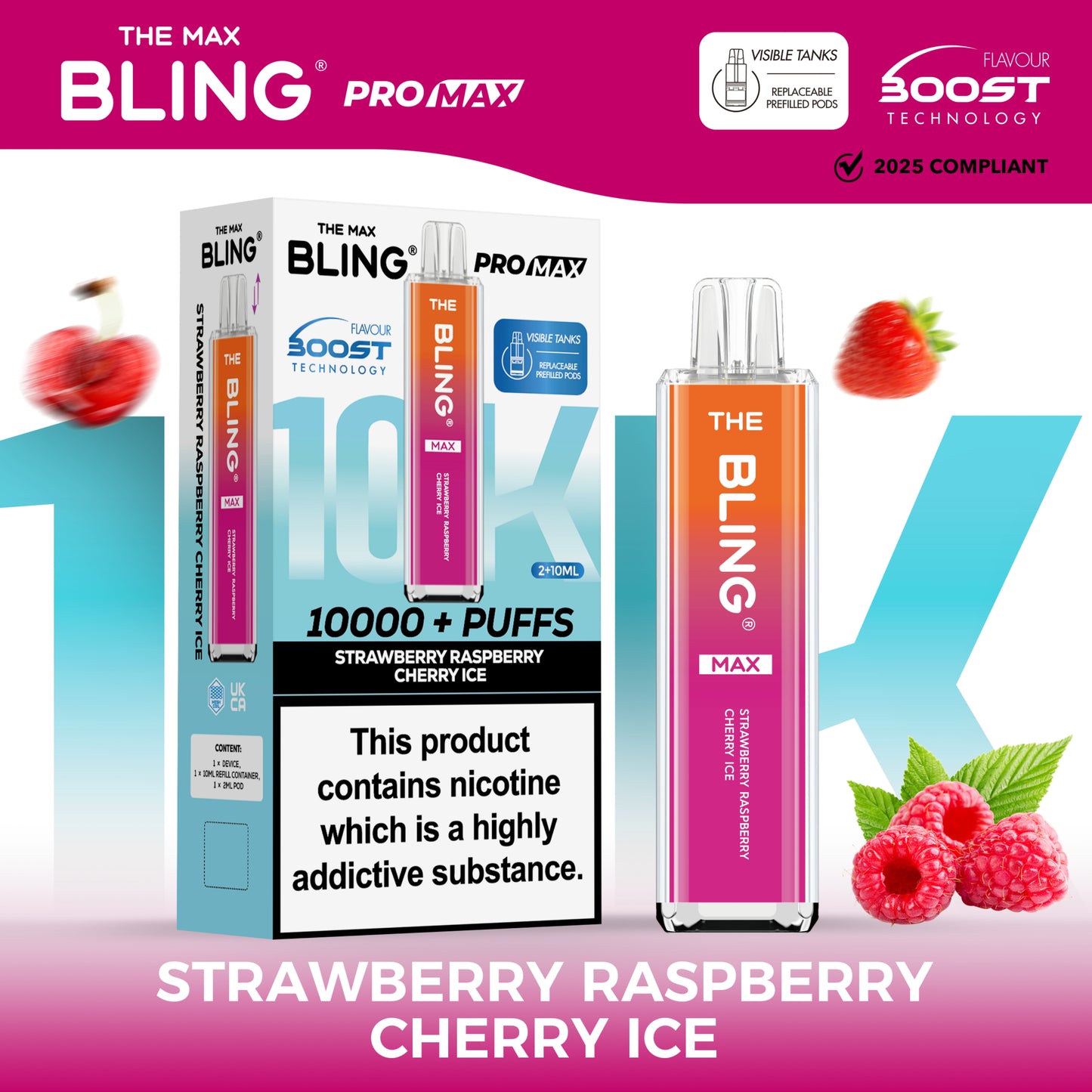Buy The Crystal Bling Max 10000 Prefilled Vape Pod Kit Box of 5 Strawberry Raspberry Cherry Ice