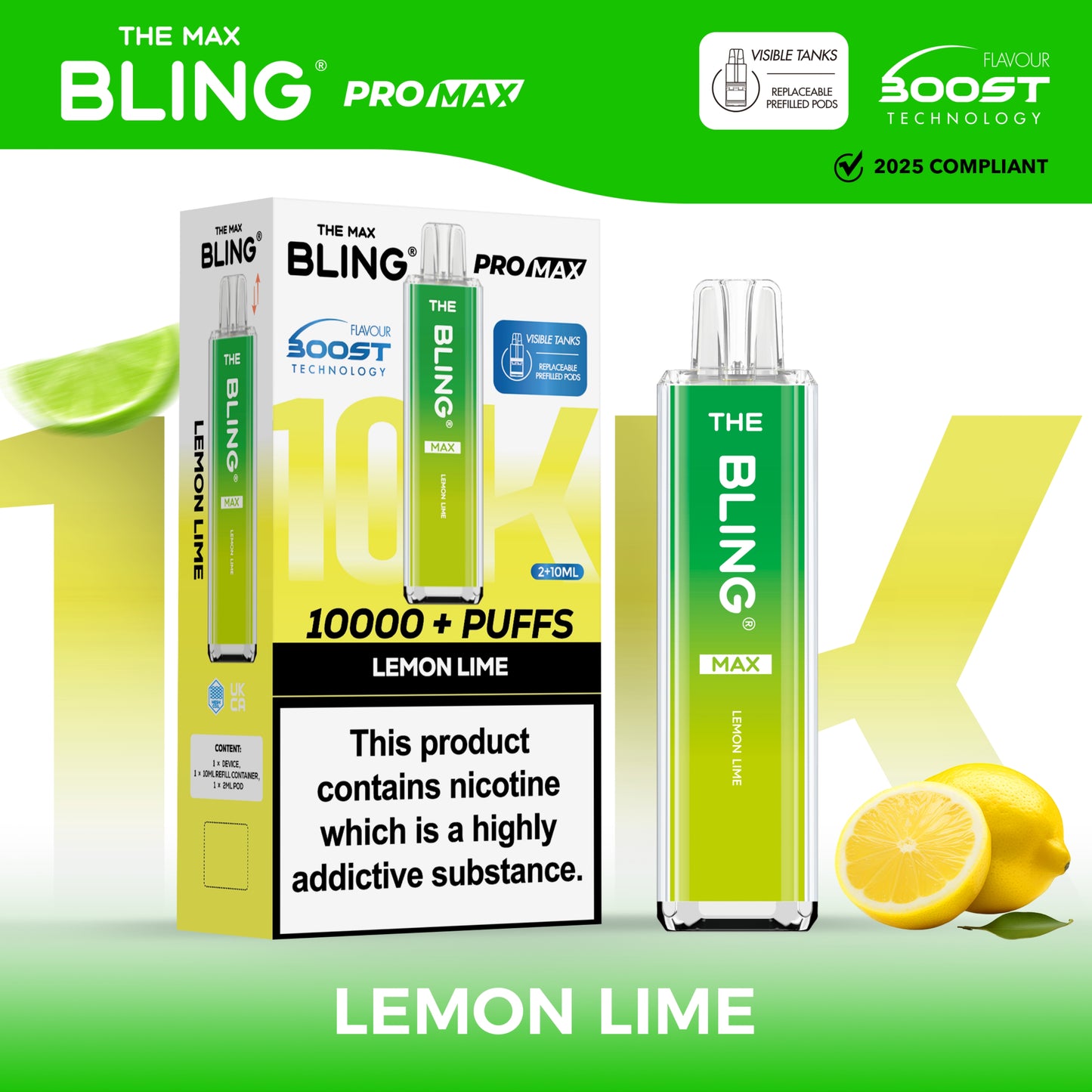 Buy The Crystal Bling Max 10000 Prefilled Vape Pod Kit Box of 5 Lemon Lime