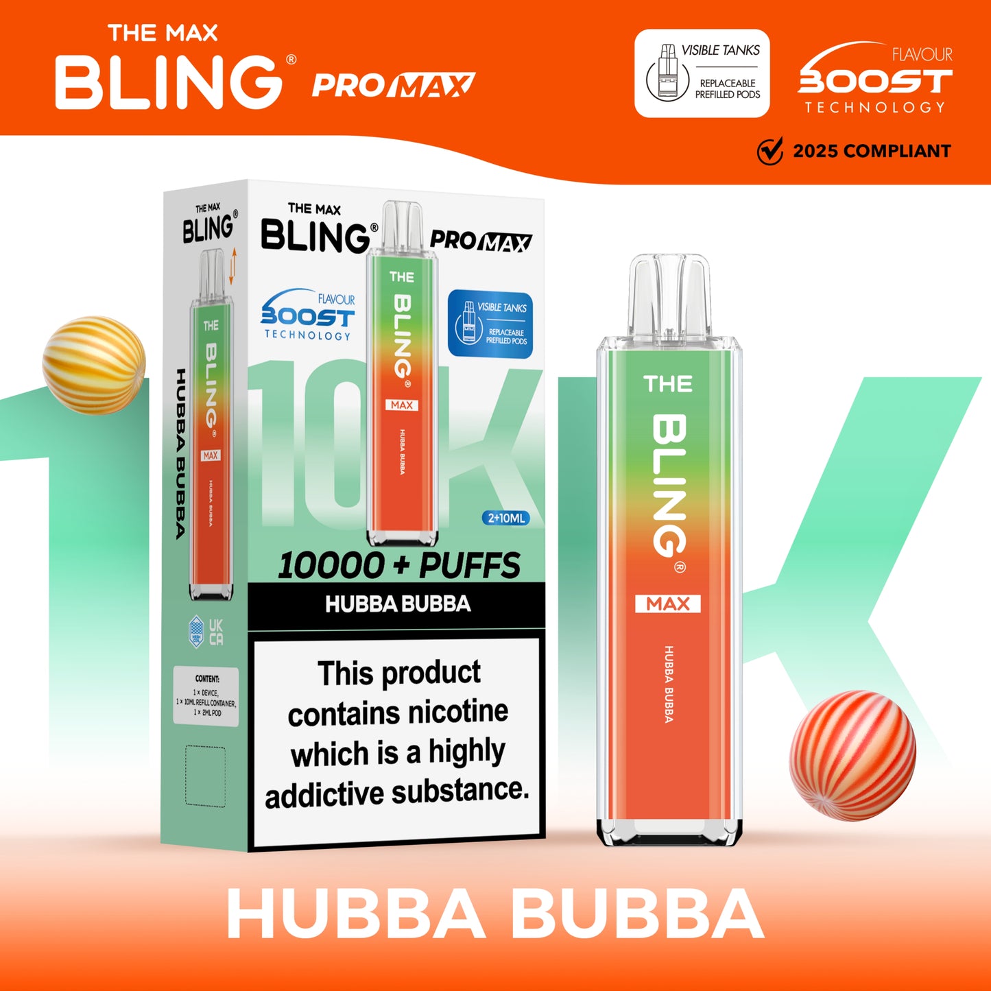 Buy The Crystal Bling Max 10000 Prefilled Vape Pod Kit Box of 5 Hubba Bubba