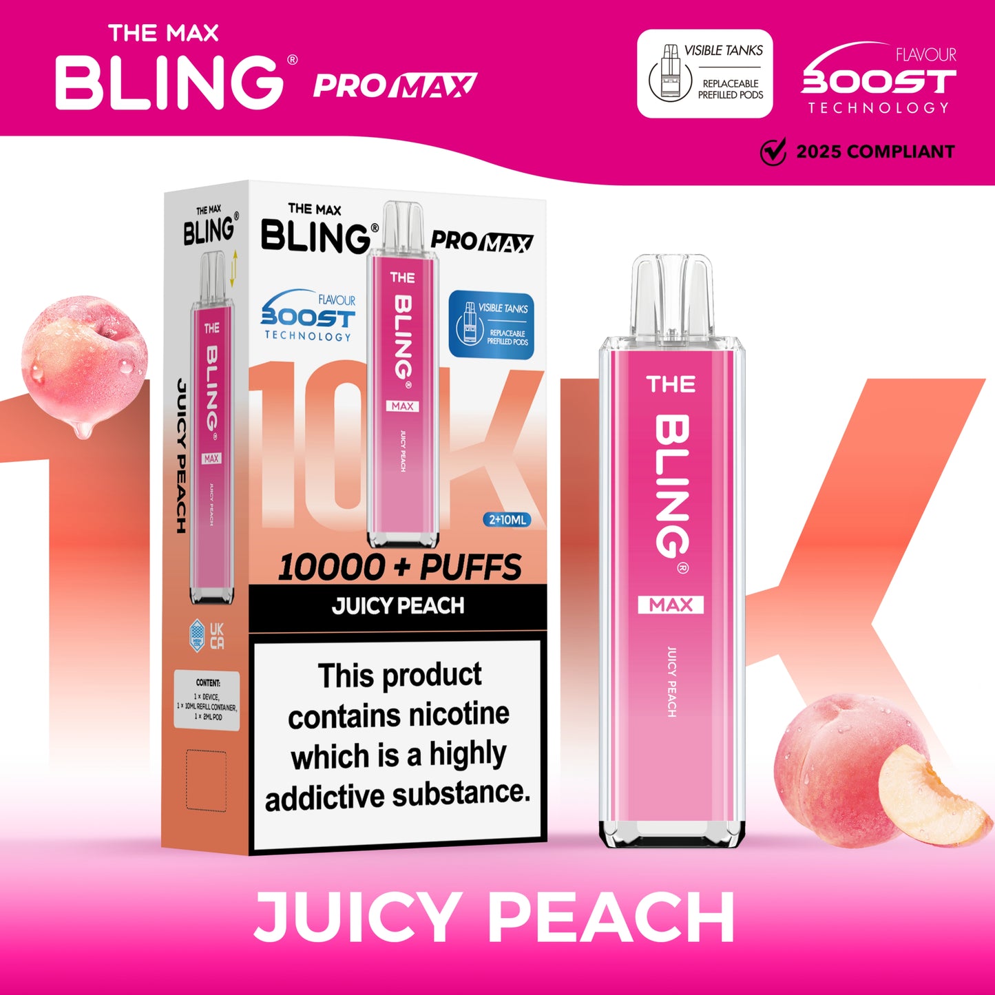 Buy The Crystal Bling Max 10000 Prefilled Vape Pod Kit Box of 5 Juicy Peach