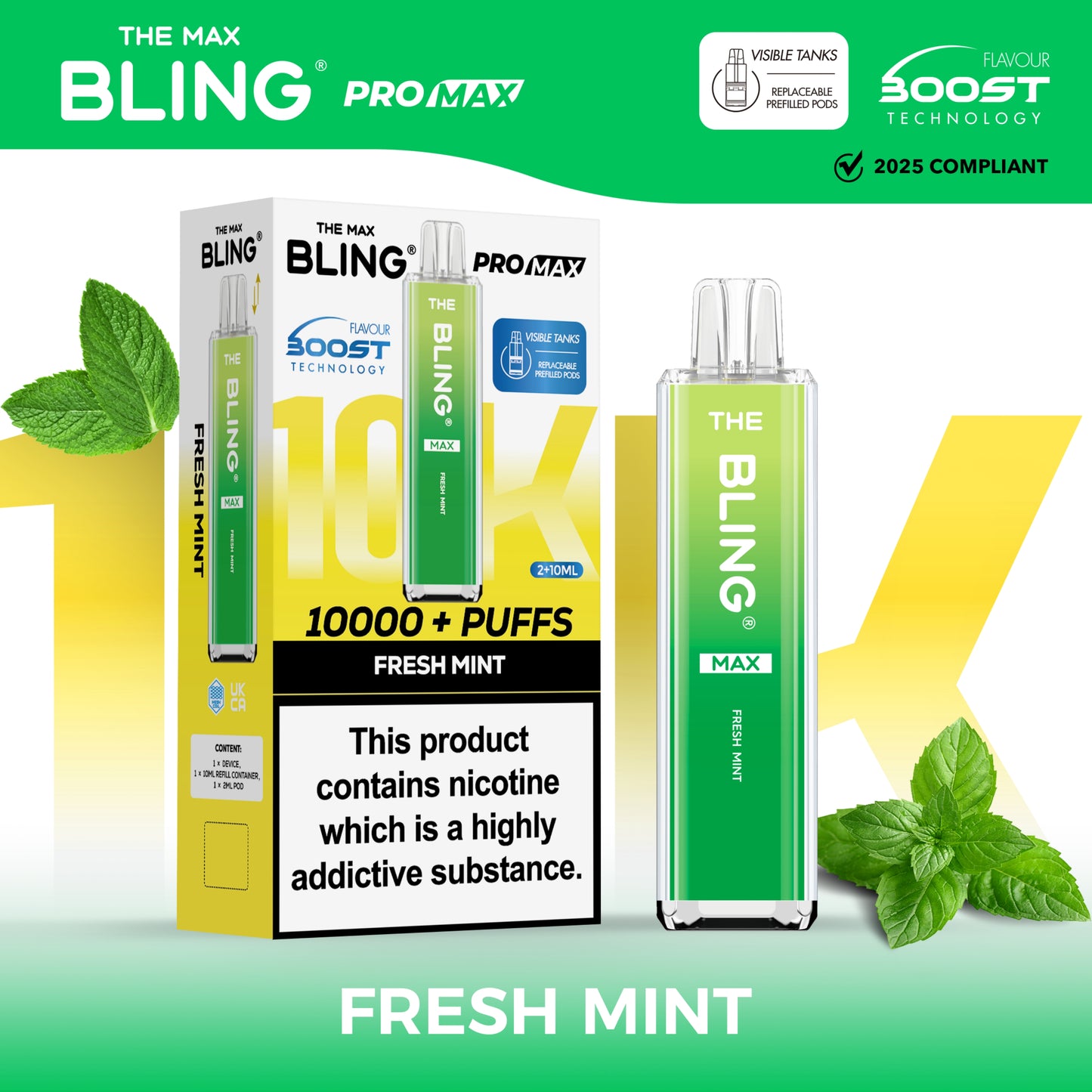 Buy The Crystal Bling Max 10000 Prefilled Vape Pod Kit Box of 5 Fresh Mint