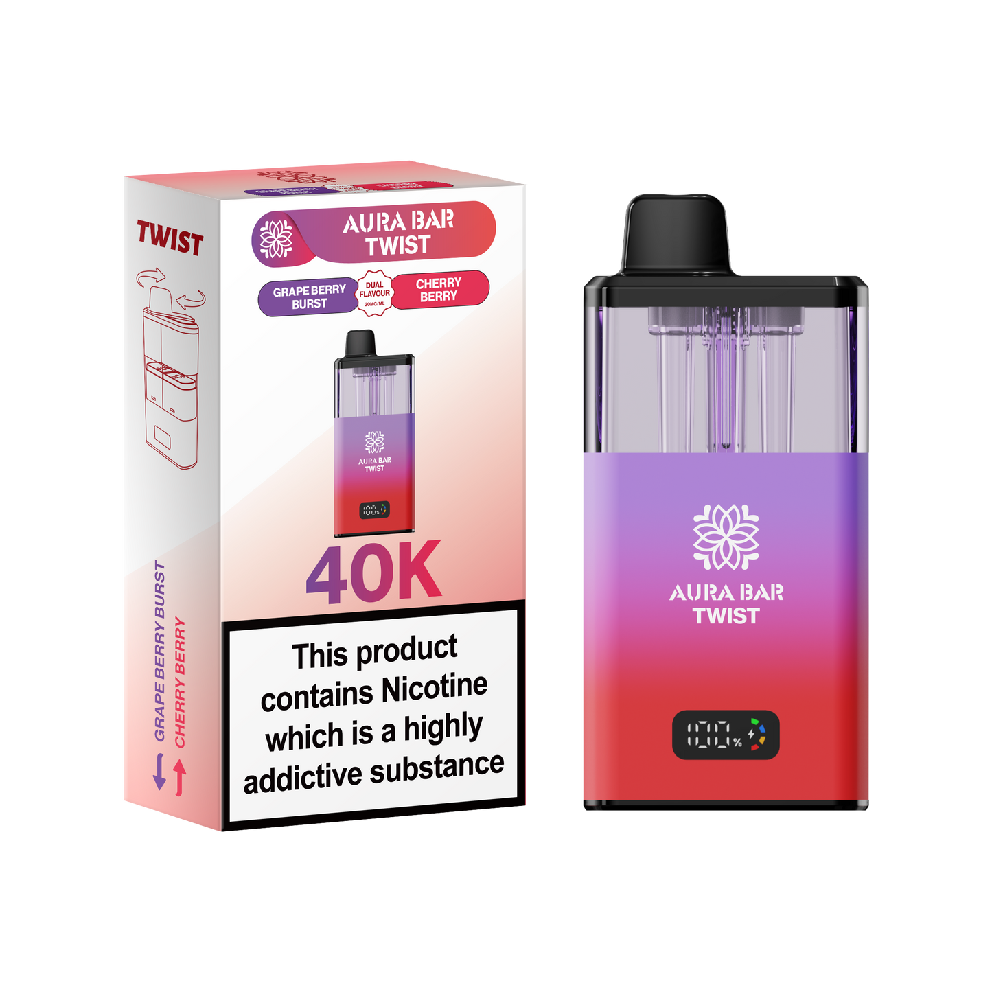 Buy Aura Bar Twist 40k Prefilled Pod Vape Pack of 5 Grape Berry Burst Cherry Berry