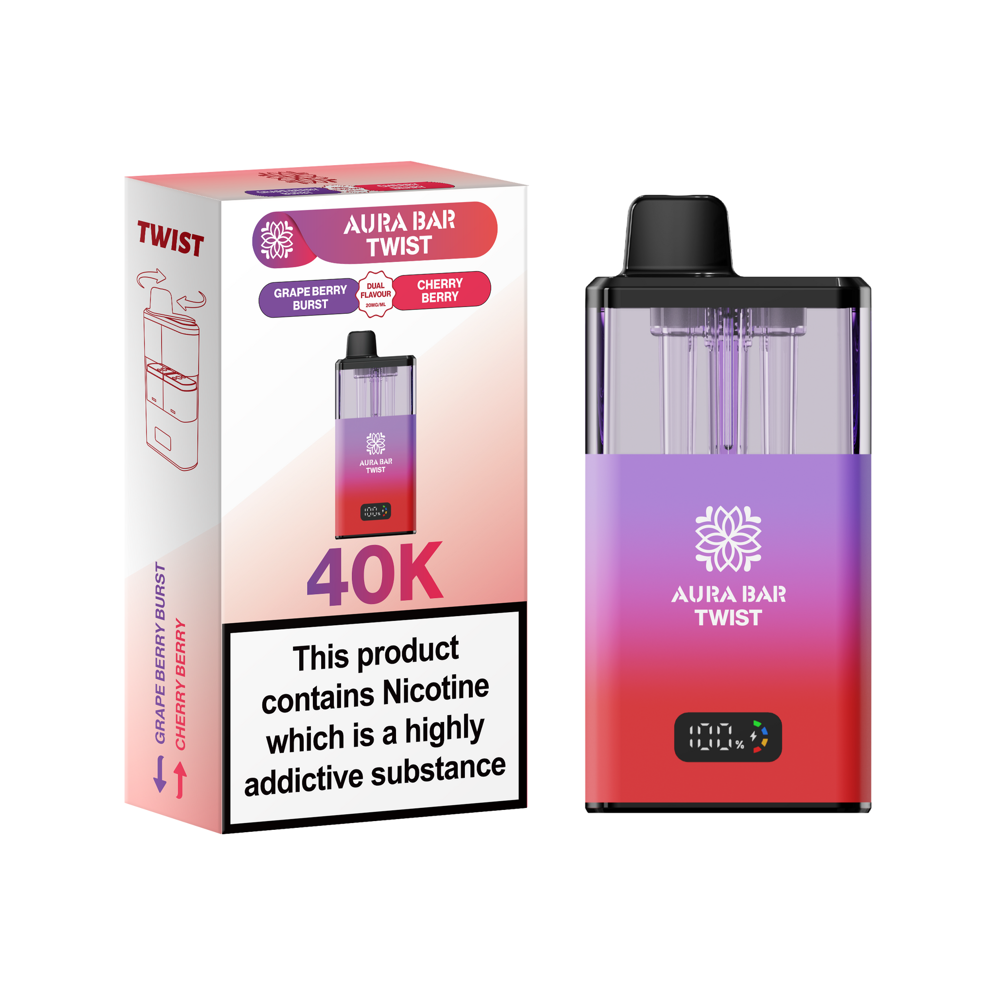 Buy Aura Bar Twist 40k Prefilled Pod Vape Pack of 5 Grape Berry Burst Cherry Berry