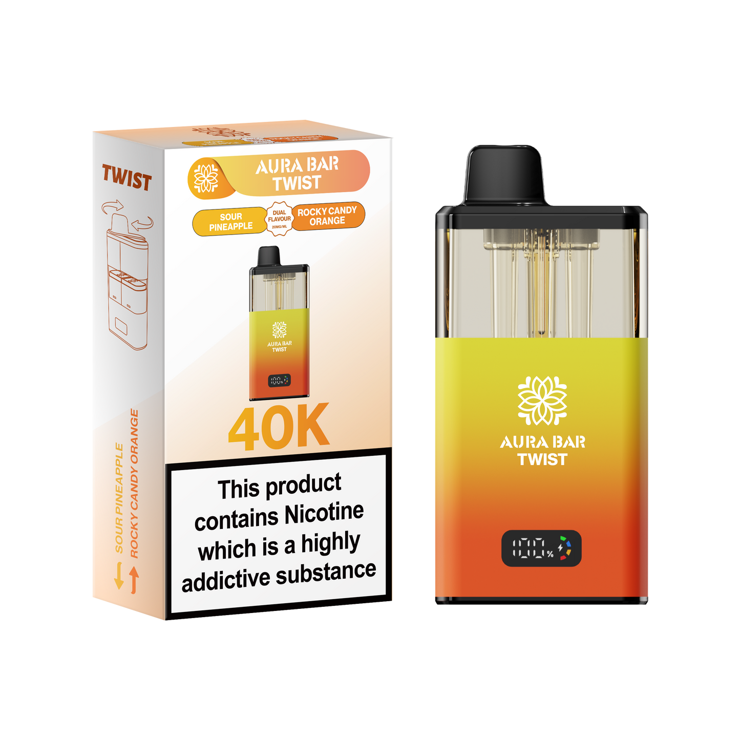 Buy Aura Bar Twist 40k Prefilled Pod Vape Pack of 5 Sour Pineapple Rocky Candy Orange