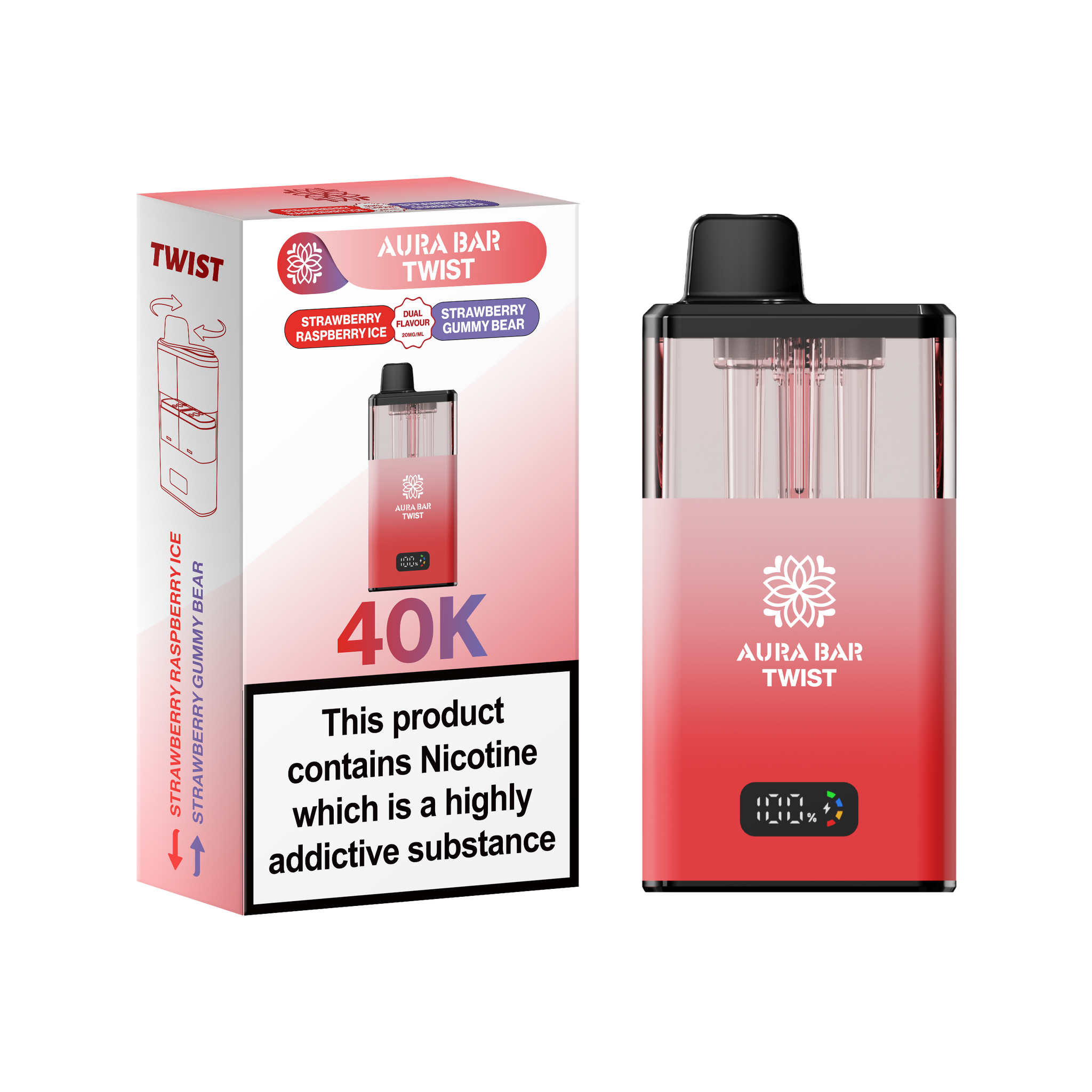 Buy Aura Bar Twist 40k Prefilled Pod Vape Pack of 5 Strawberry Raspberry Ice Strawberry Gummy Bear