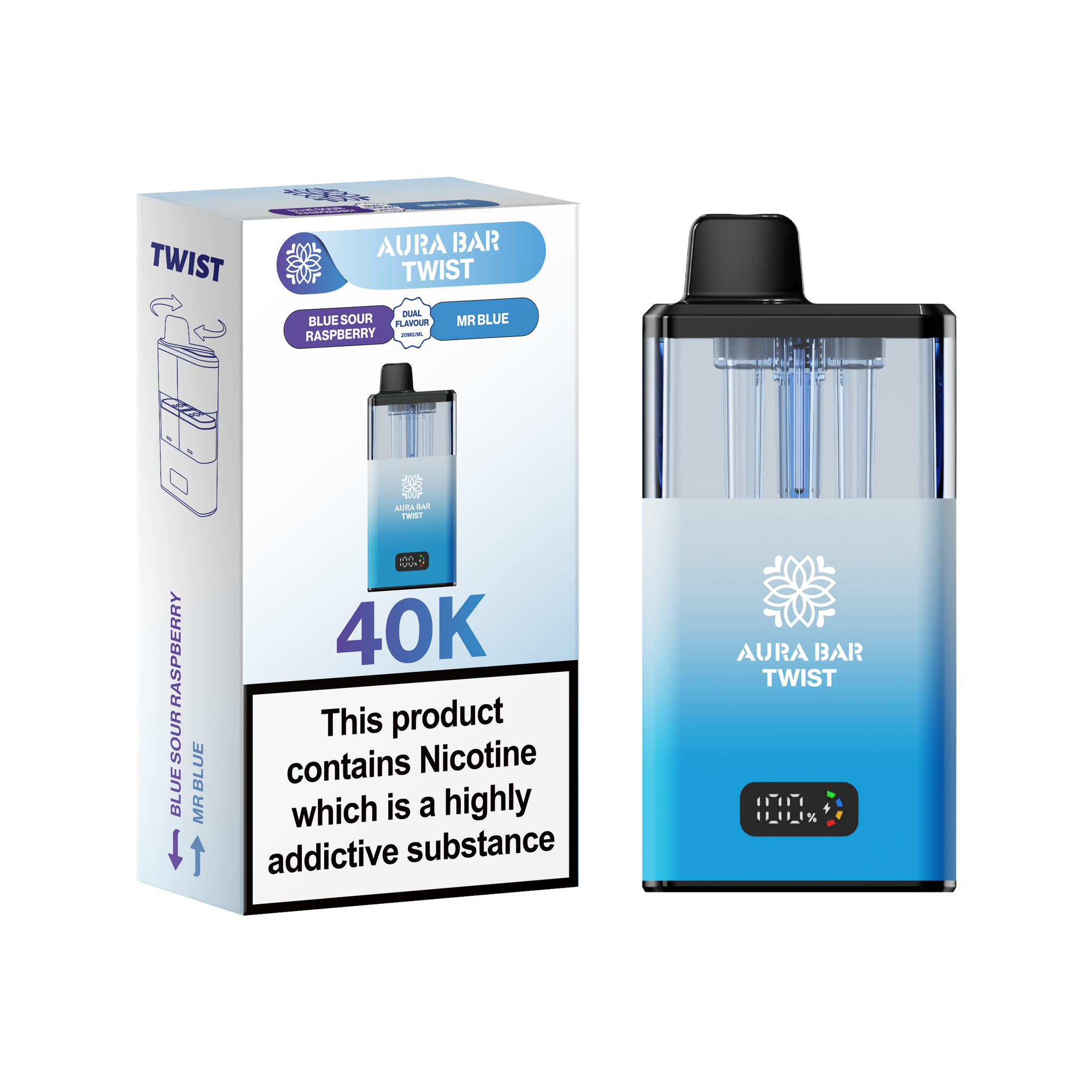 Buy Aura Bar Twist 40k Prefilled Pod Vape Pack of 5 Blue Sour Raspberry Mr Blue