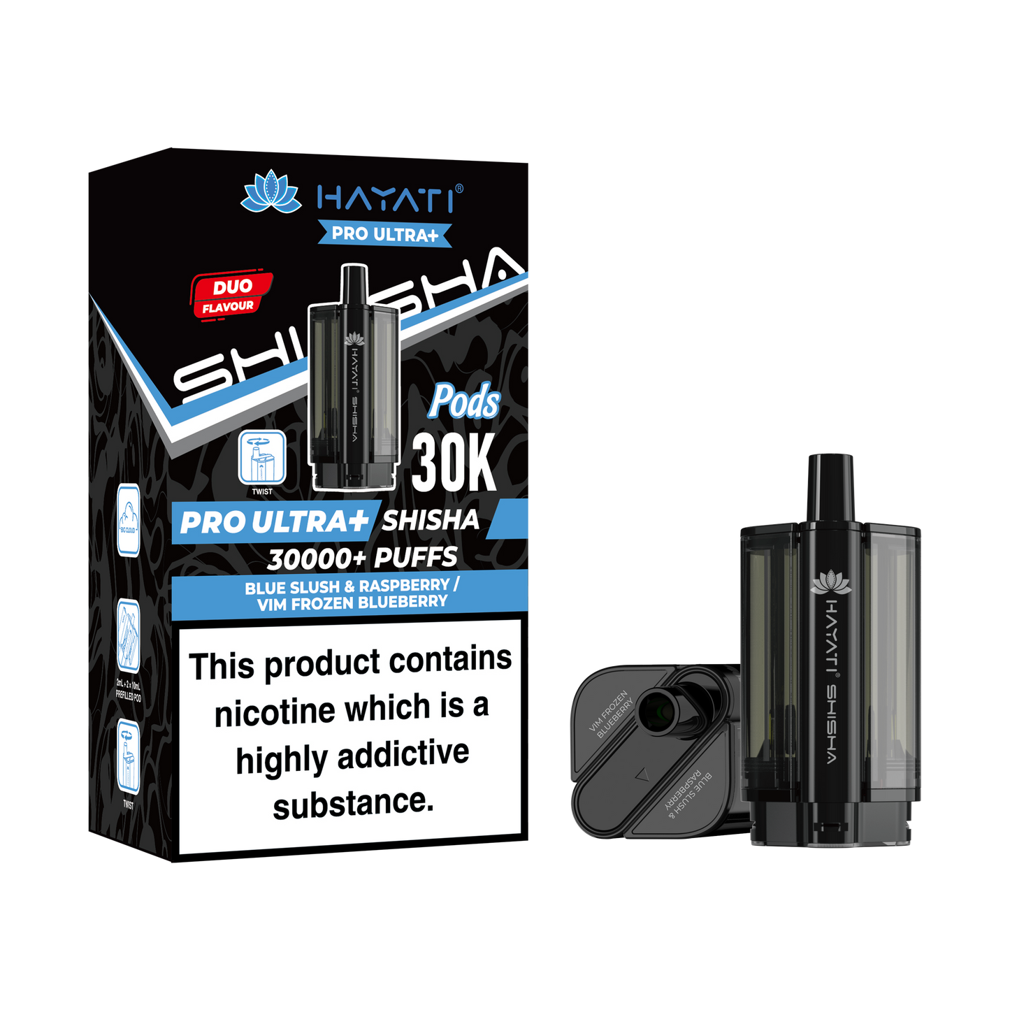 Buy Hayati Pro Ultra Plus Shisha 30k Prefilled Pods Box of 5 Blue Slush & Raspberry Vim Frozen Blueberry