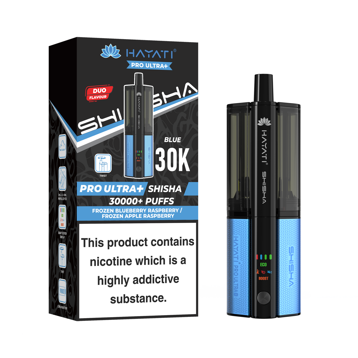 Buy Hayati Pro Ultra Plus Shisha 30k Vape Kit Box of 5 Frozen Blueberry Raspberry Frozen Apple Raspberry