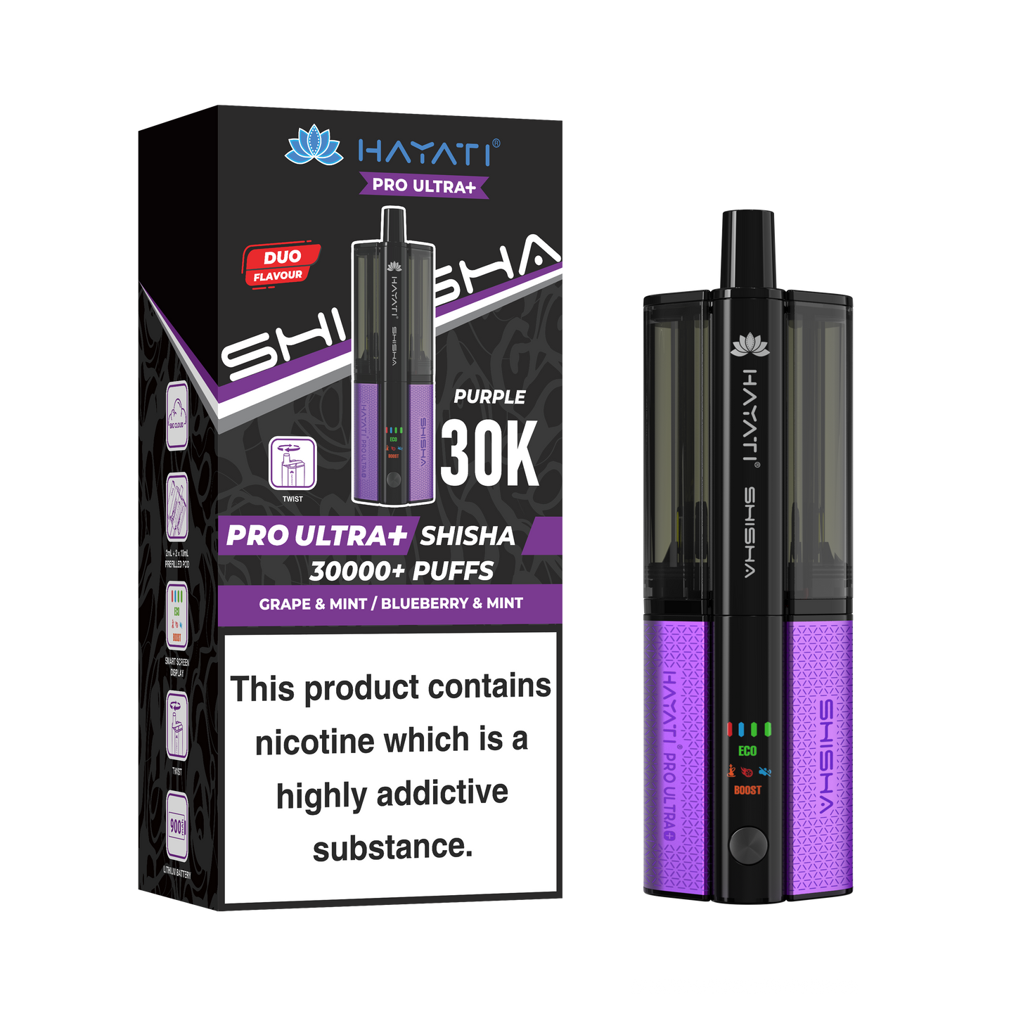 Buy Hayati Pro Ultra Plus Shisha 30k Vape Kit Box of 5 Grape Mint Blueberry Mint