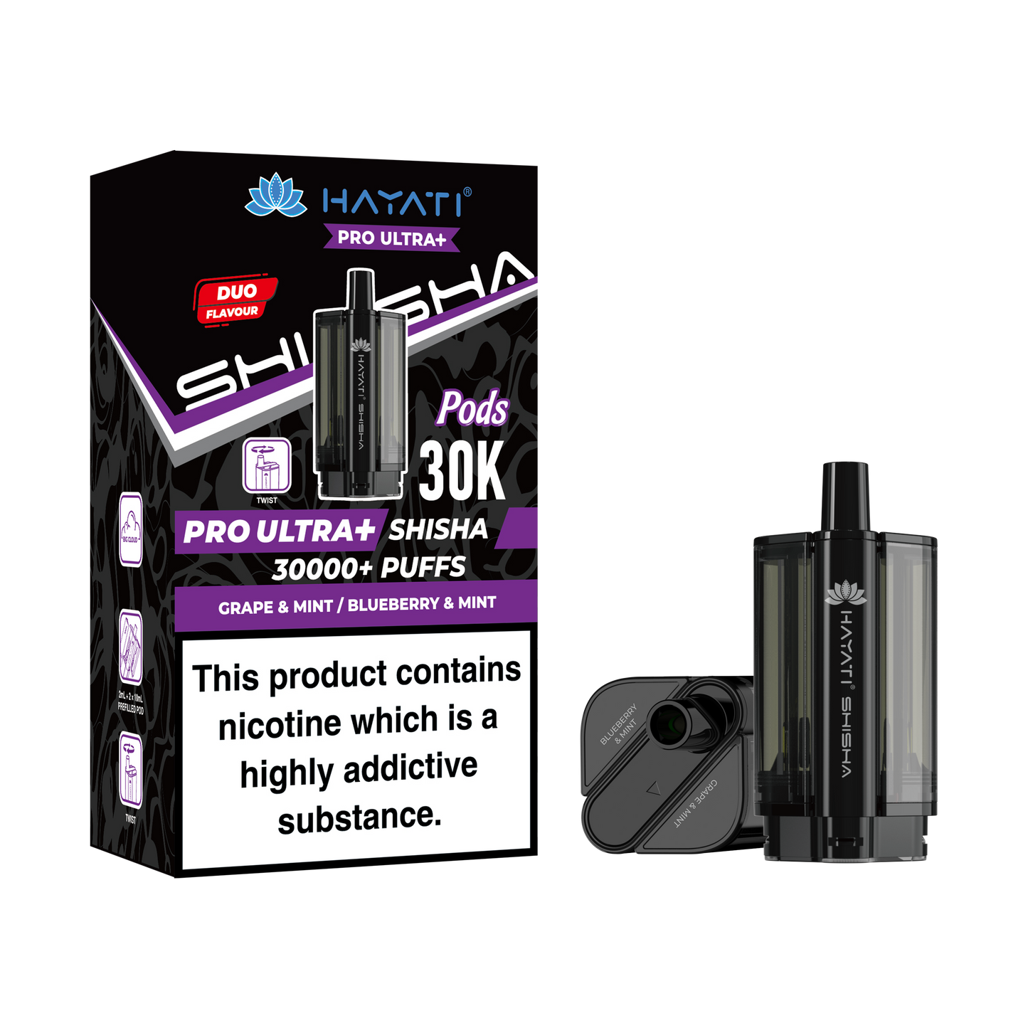 Buy Hayati Pro Ultra Plus Shisha 30k Prefilled Pods Box of 5 Grape Mint Blueberry Mint