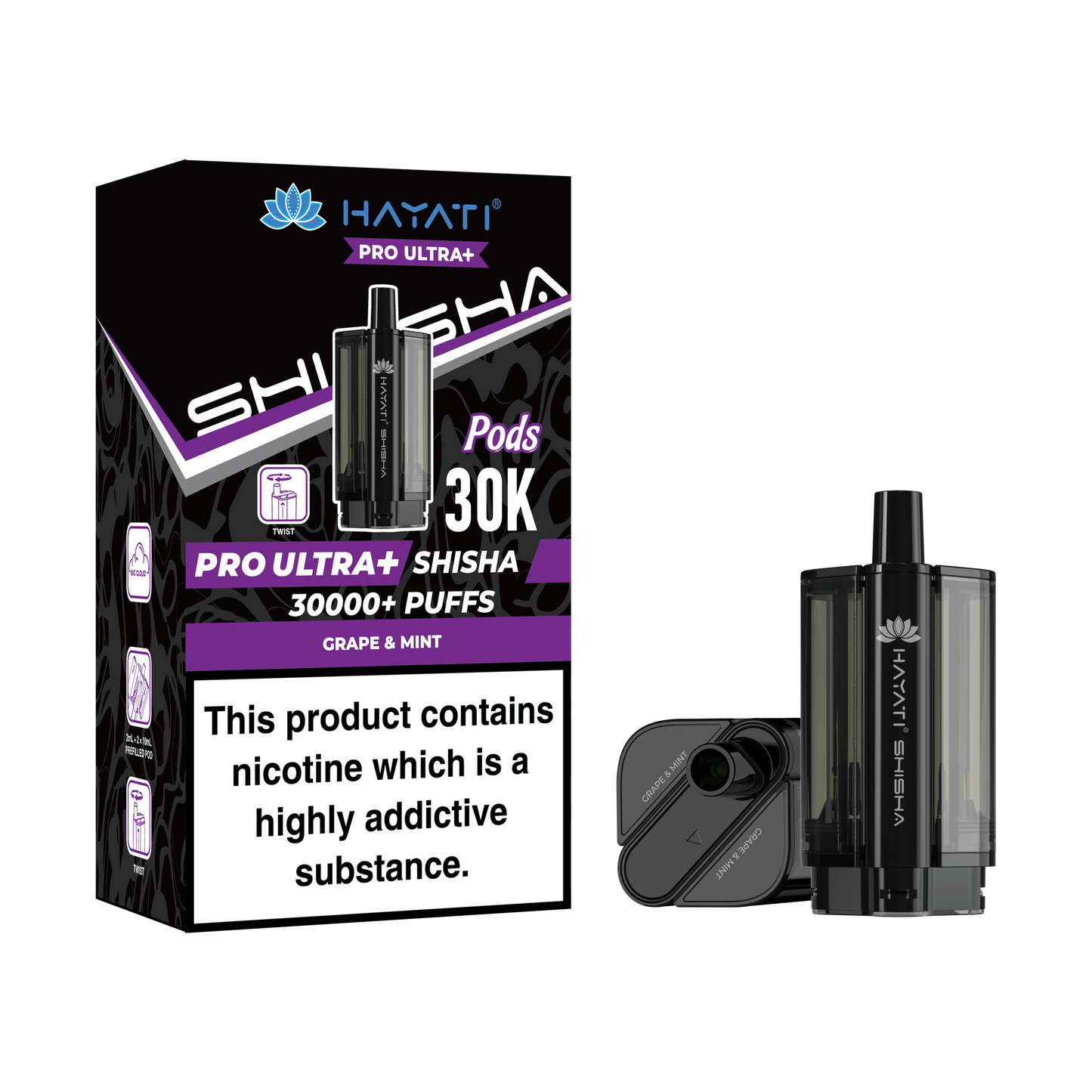 Buy Hayati Pro Ultra Plus Shisha 30k Prefilled Pods Box of 5 Grape Mint Grape Mint