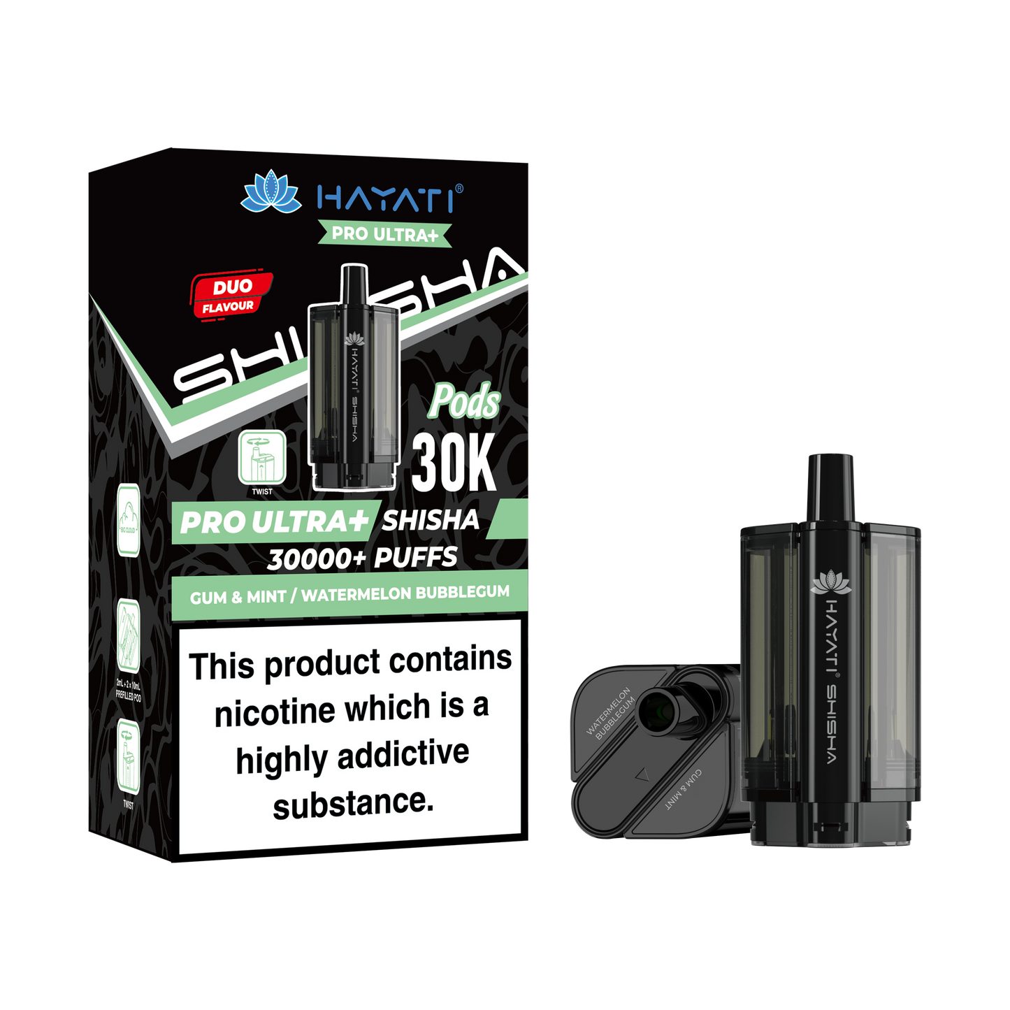 Buy Hayati Pro Ultra Plus Shisha 30k Prefilled Pods Box of 5 Gum Mint Watermelon Mint