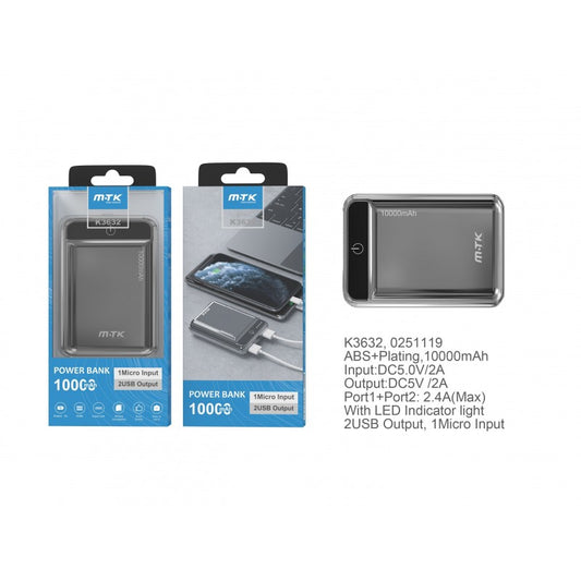 Buy K3632 Power Bank PocketStation 10000mAh, 2USB with LED Indicator, Gray