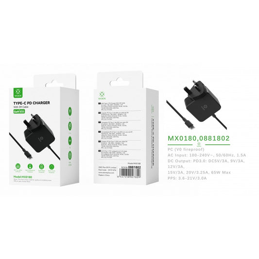 Buy Woox MX0180 UK 65W Lap Top &amp; Mobile Phone Super Charging Type-C PD Wall Charger with 3M connected cable, Black