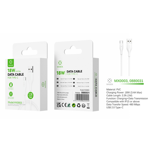 Buy Woox MX0003 USB to Type C PVC Data Cable, 18W 3.4A Max, 3.3ft 1m, White