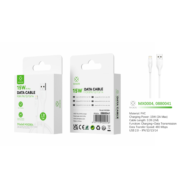 Buy Woox MX0004 USB to Lightning PVC Data Cable, 15W 3A Max, 3.3ft 1m, White