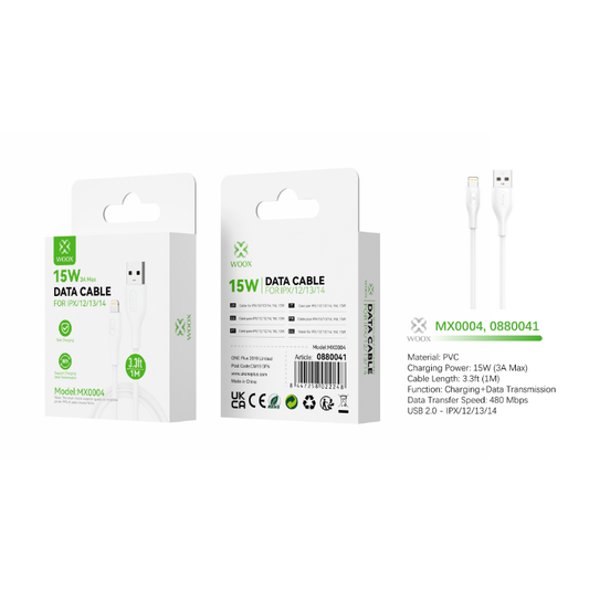 Buy Woox MX0004 USB to Lightning PVC Data Cable, 15W 3A Max, 3.3ft 1m, White
