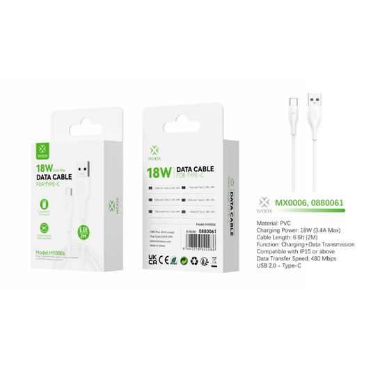 Buy Woox MX0006 USB to Type C PVC Data Cable, 18W 3.4A Max, 6.6ft 2m, White