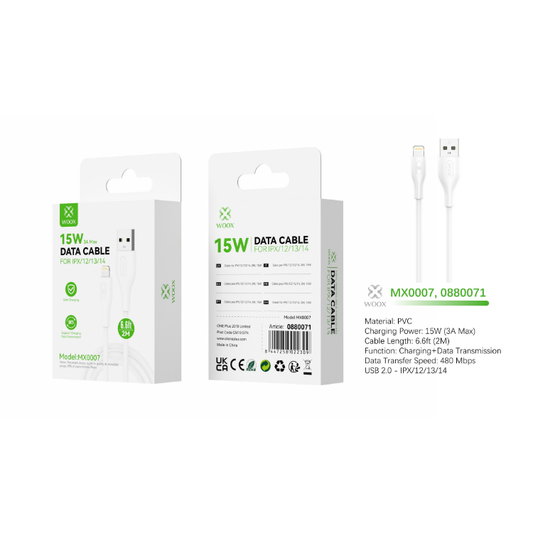 Buy Woox MX0007 USB to Lightning PVC Data Cable, 15W 3A Max, 6.6ft 2m, White
