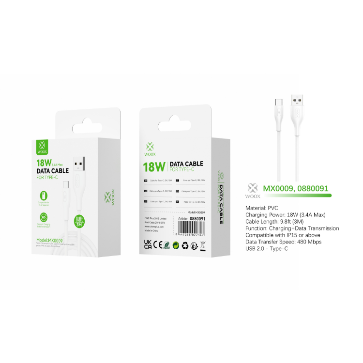 Buy Woox MX0009 USB to Type C PVC Data Cable, 18W 3.4A Max, 9.8ft 3m, White