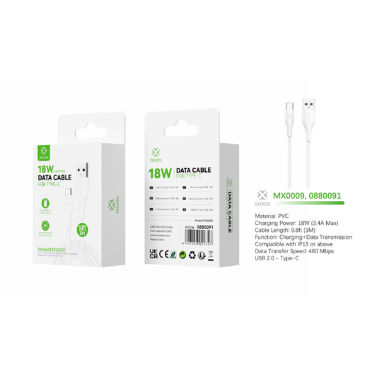 Buy Woox MX0009 USB to Type C PVC Data Cable, 18W 3.4A Max, 9.8ft 3m, White