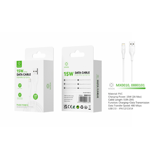Buy Woox MX0010 USB to Lightning PVC Data Cable, 15W 3A Max, 9.8ft 3m, White