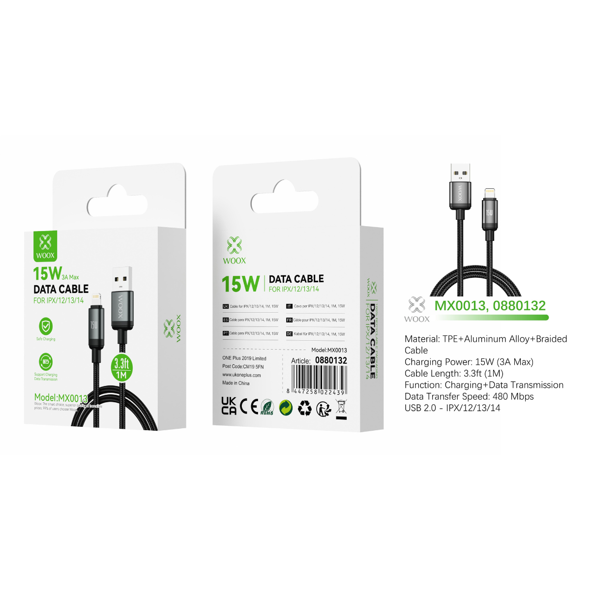 Buy Woox MX0013 USB to Lightning Braided Data Cable, 15W 3A Max, 3.3ft 1m, Black
