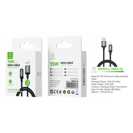 Buy Woox MX0013 USB to Lightning Braided Data Cable, 15W 3A Max, 3.3ft 1m, Black