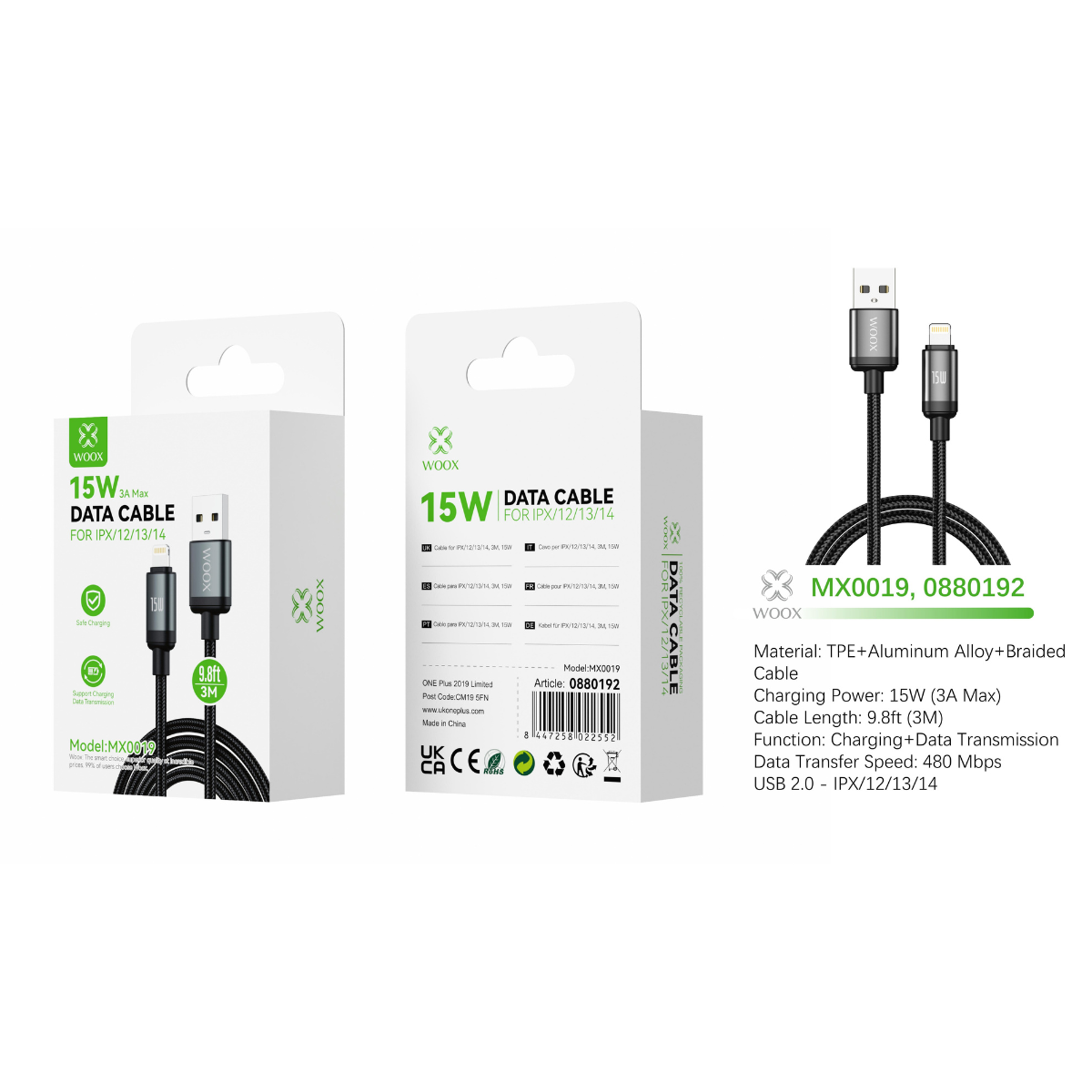 Buy Woox MX0019 USB to Lightning Braided Data Cable, 15W 3A Max, 9.8ft 3m, Black