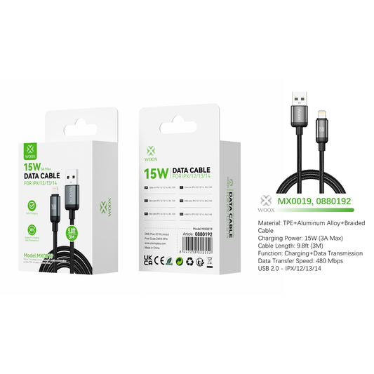 Buy Woox MX0019 USB to Lightning Braided Data Cable, 15W 3A Max, 9.8ft 3m, Black