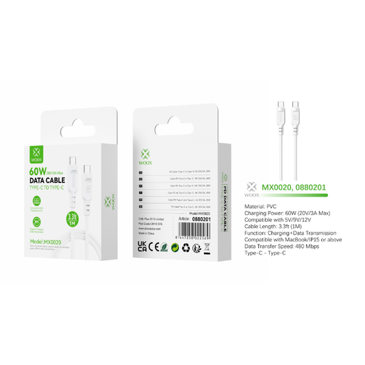 Buy Woox MX0020 Type C to Type C PVC Data Cable, 60W 20V/3A Max, 3.3ft 1m, White