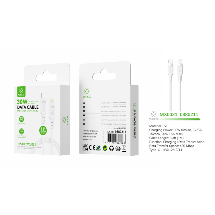 Buy Woox MX0021 Type C to Lightning PVC Data Cable, 30W - 5V/3A, 9V/3A, 15V/2A, 20V/1.5A Max, 3.3ft 1m, White
