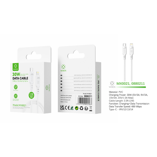 Buy Woox MX0021 Type C to Lightning PVC Data Cable, 30W - 5V/3A, 9V/3A, 15V/2A, 20V/1.5A Max, 3.3ft 1m, White