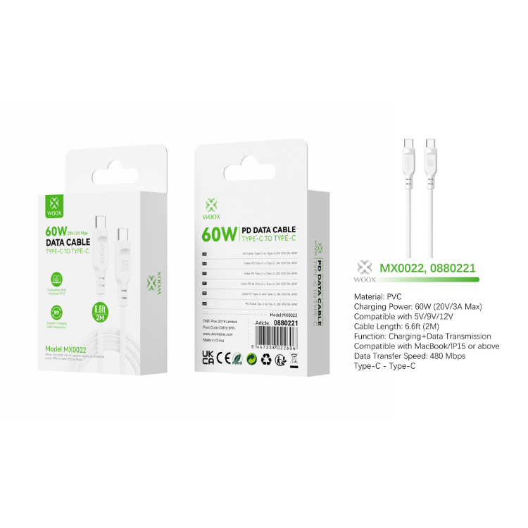 Buy Woox MX0022 Type C to Type C PVC Data Cable, 60W 20V/3A Max, 6.6ft 2m, White