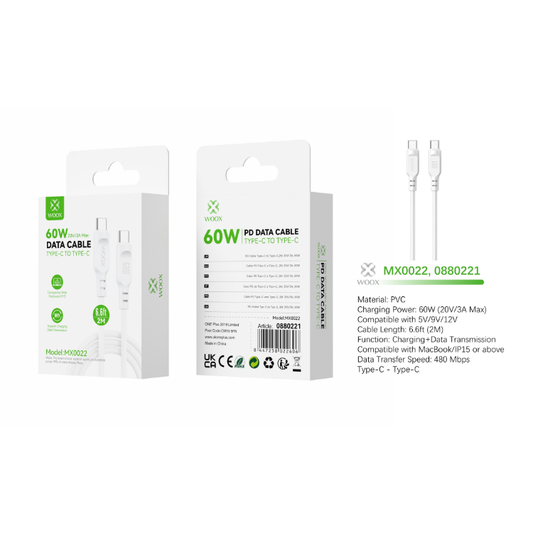 Buy Woox MX0022 Type C to Type C PVC Data Cable, 60W 20V/3A Max, 6.6ft 2m, White