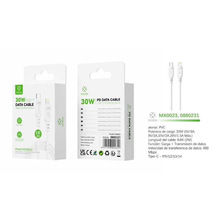 Buy Woox MX0023 Type C to Lightning PVC Data Cable, 30W - 5V/3A, 9V/3A, 15V/2A, 20V/1.5A Max, 6.6ft 2m, White