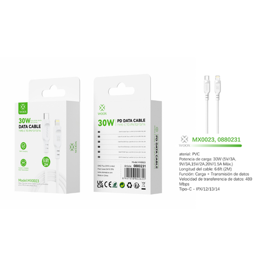 Buy Woox MX0023 Type C to Lightning PVC Data Cable, 30W - 5V/3A, 9V/3A, 15V/2A, 20V/1.5A Max, 6.6ft 2m, White