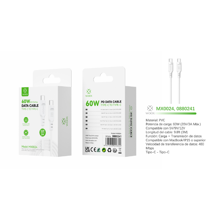 Buy Woox MX0024 Type C to Type C PVC Data Cable, 60W 20V/3A Max, 9.8ft 3m, White