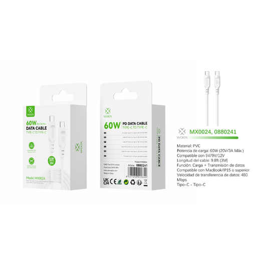 Buy Woox MX0024 Type C to Type C PVC Data Cable, 60W 20V/3A Max, 9.8ft 3m, White