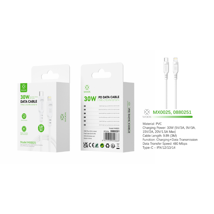 Buy Woox MX0025 Type-C to Lightning PVC Data Cable, 30W - 5V/3A, 9V/3A, 15V/2A, 20V/1.5A Max, 9.8ft 3m, White
