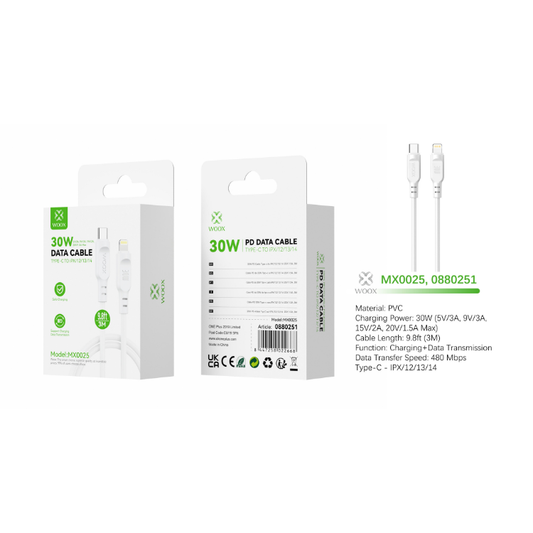 Buy Woox MX0025 Type-C to Lightning PVC Data Cable, 30W - 5V/3A, 9V/3A, 15V/2A, 20V/1.5A Max, 9.8ft 3m, White