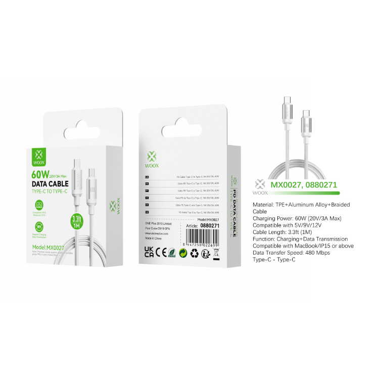 Buy Woox MX0027 Type C to Type C Braided Data Cable, 60W 20V/3A Max, 3.3ft 1m, White