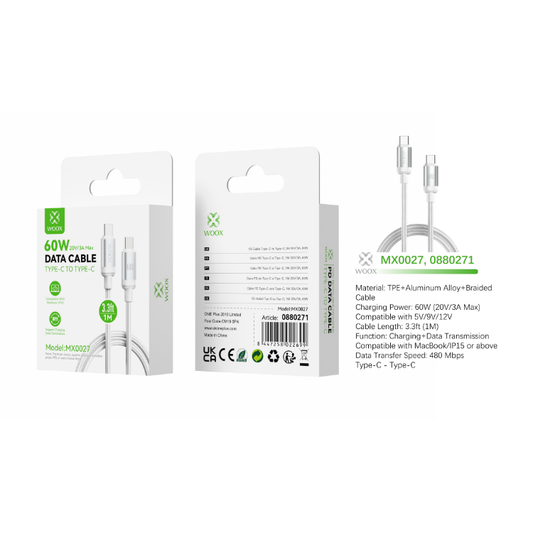 Buy Woox MX0027 Type C to Type C Braided Data Cable, 60W 20V/3A Max, 3.3ft 1m, White