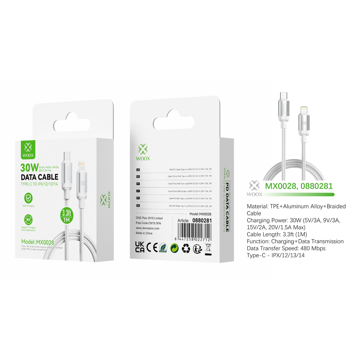 Buy Woox MX0028 Type C to Lightning Braided Data Cable, 30W - 5V/3A, 9V/3A, 15V/2A, 20V/1.5A Max, 3.3ft 1m, White